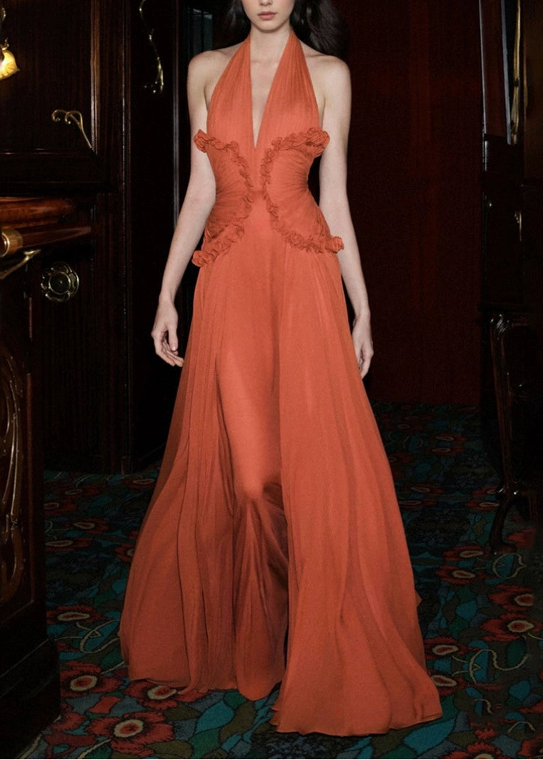 Deanne Halter Neck Ruffle Maxi Dress In Orange