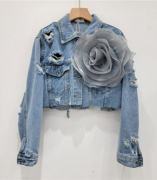 Niall Torn Flower Denim Jacket In Blue