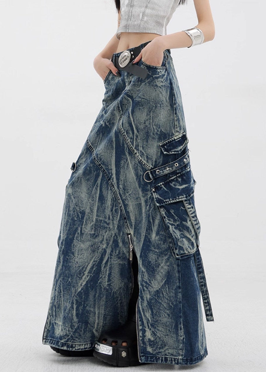 Daniyal Asymmetric Zipper Denim Maxi Skirt