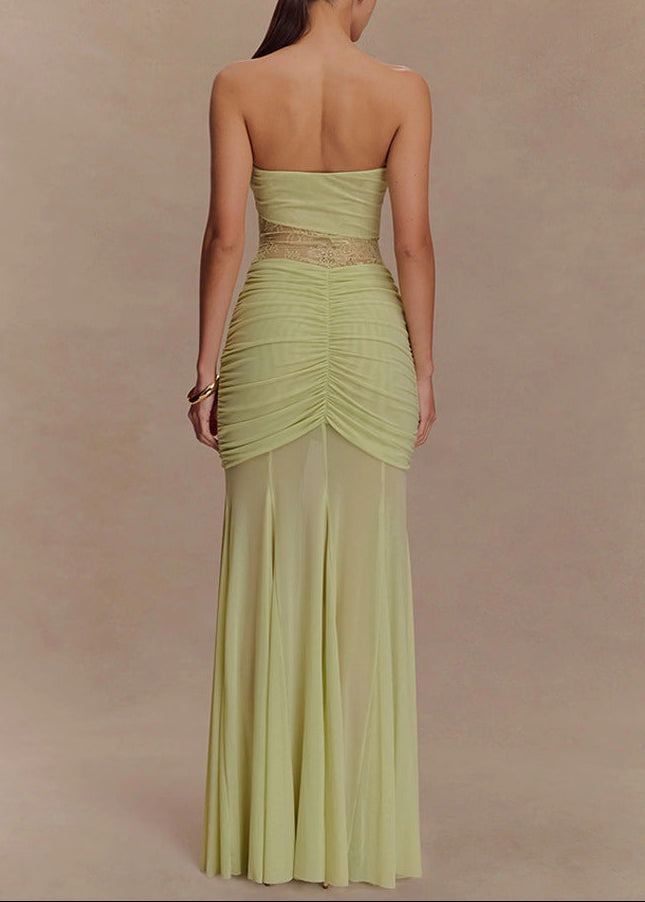 Faina Strapless Lace Ruch Maxi Dress In Chartreuse