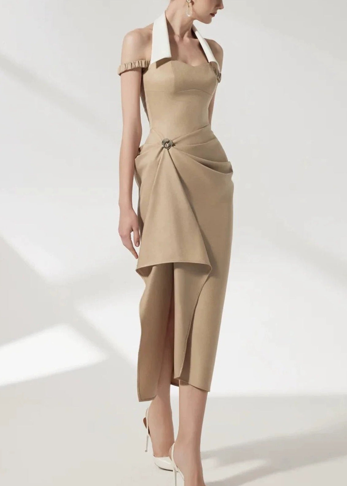 Cambria Halter Neck Asymmetric Midi Dress