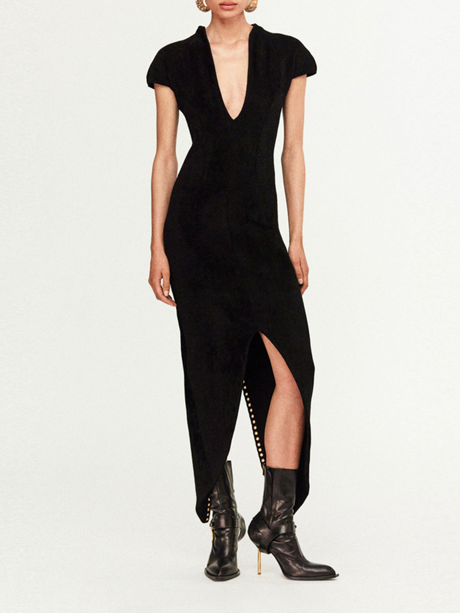 Faridoon Plunge Lace Up Midi Dress