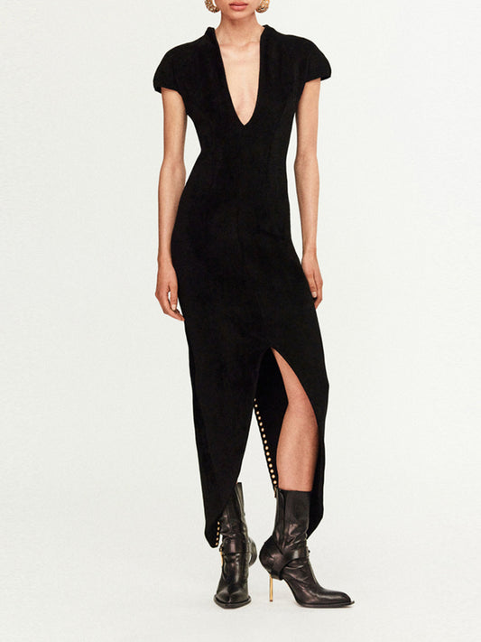 Faridoon Plunge Lace Up Midi Dress