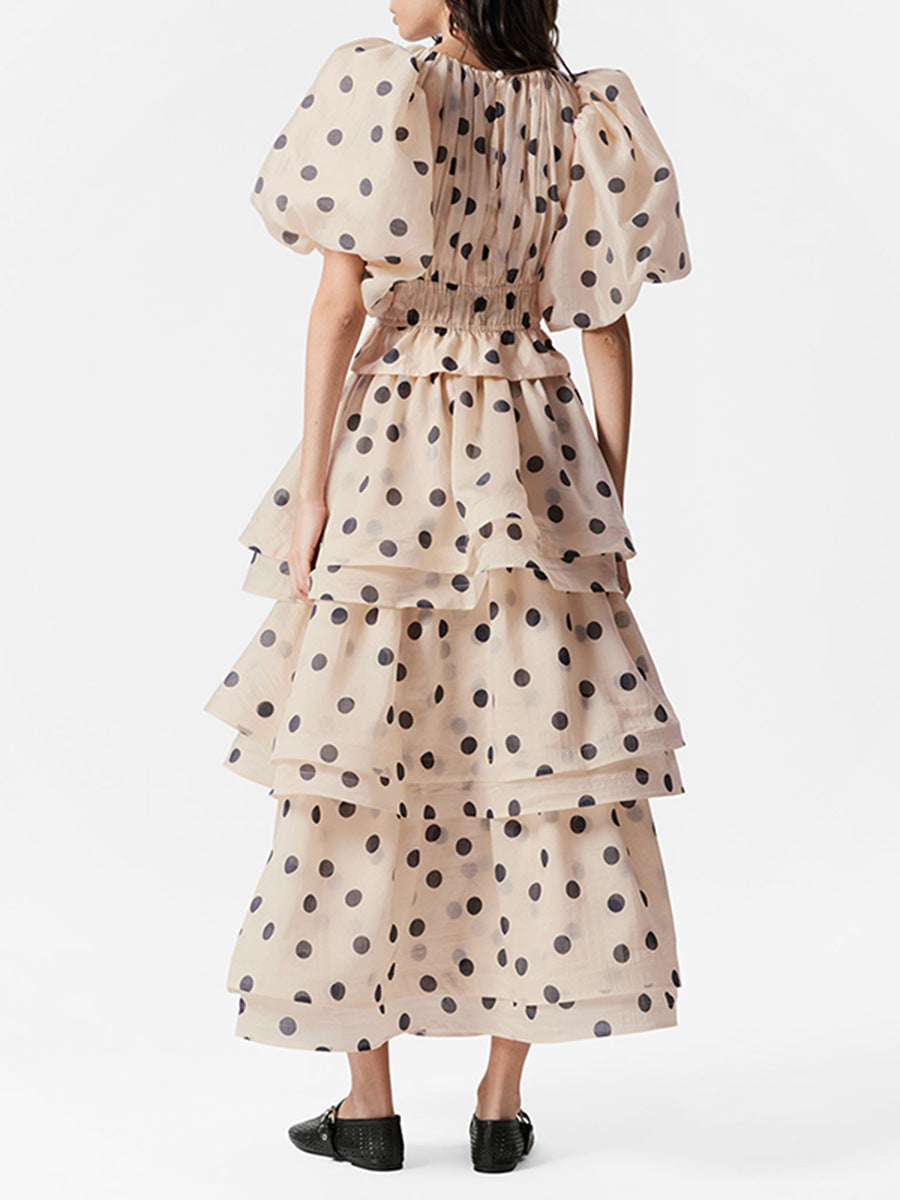 Bakari Balloon Sleeve Dot Ruffle Skirt Set