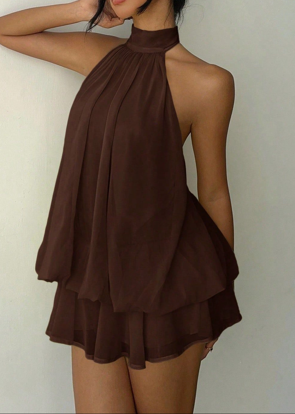 Branden Backless Halter Neck Mini Dress In Brown