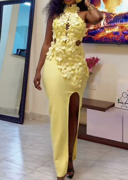 Fedya Halter Neck Flower Split Maxi Dress In Yellow