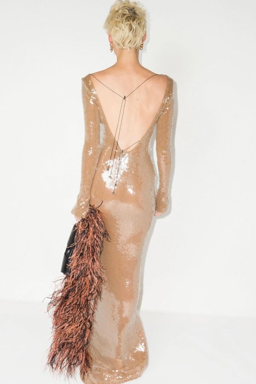 Kestrel Long Sleeve Sequin Backless Maxi Dress In Apricot