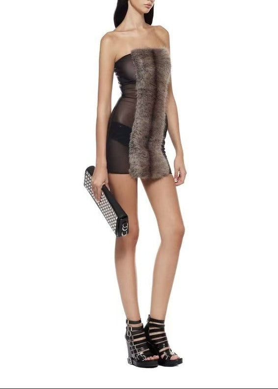 Deisy Strapless Faux Fur Mini Dress In Black