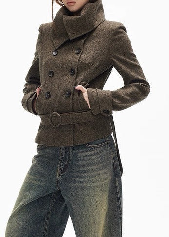 Djuro Funnel Neck Belt Jacket In Brown