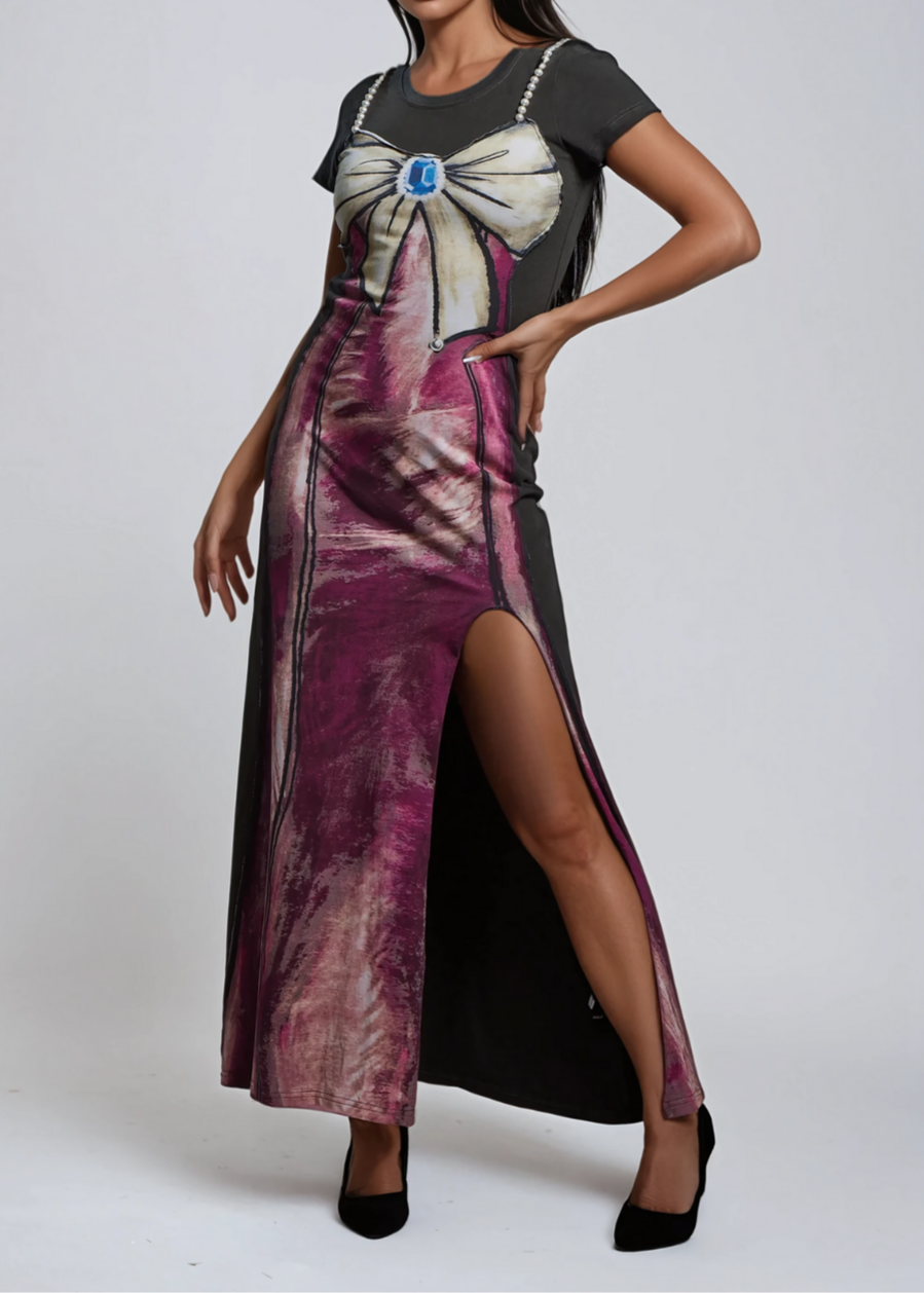 Aroa Print Bow Pearl Maxi Dress