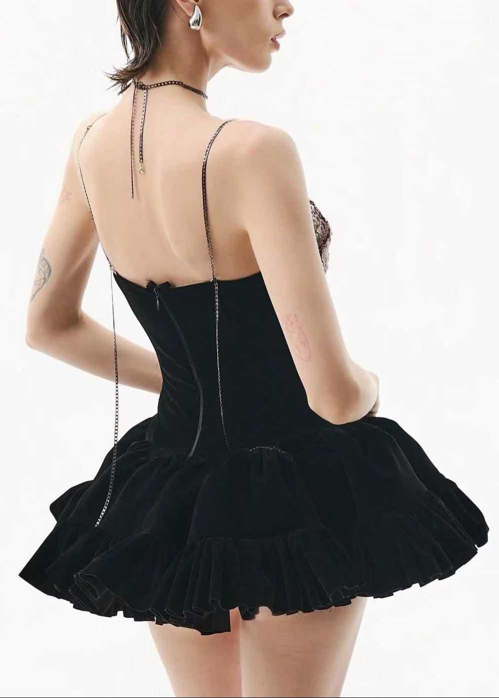 Dayo Spaghetti Sequin Puffy Mini Dress In Black