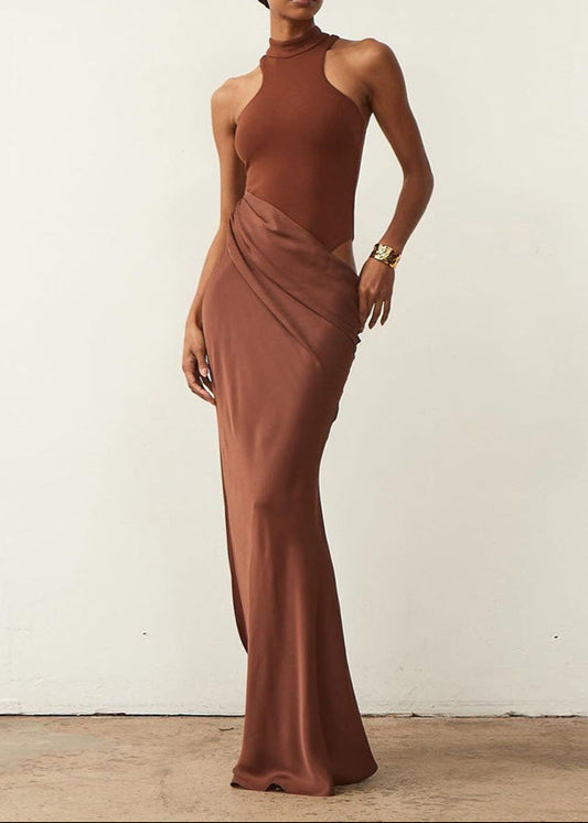 Benniton Tank Top Satin Maxi Dress In Brown