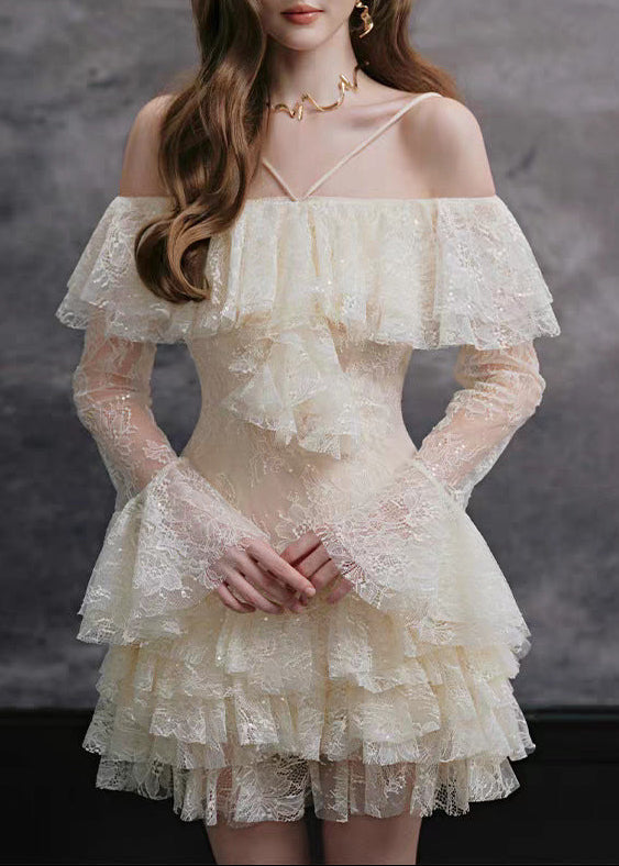 Feardorcha Off Shoulder Ruffle Lace Mini Dress