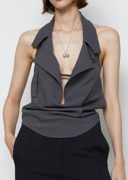 Eliam Lapel Backless Lace Up Top In Grey