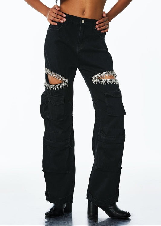 Abcde Diamond Cutout Cargo Jeans In Black