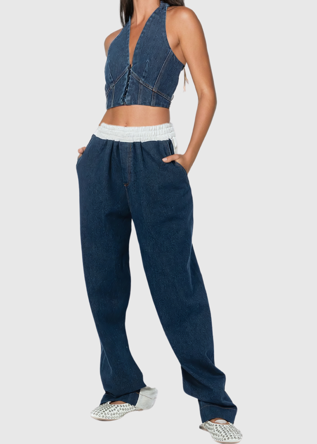 Maura Halter Neck Deconstruct Denim Pants Set
