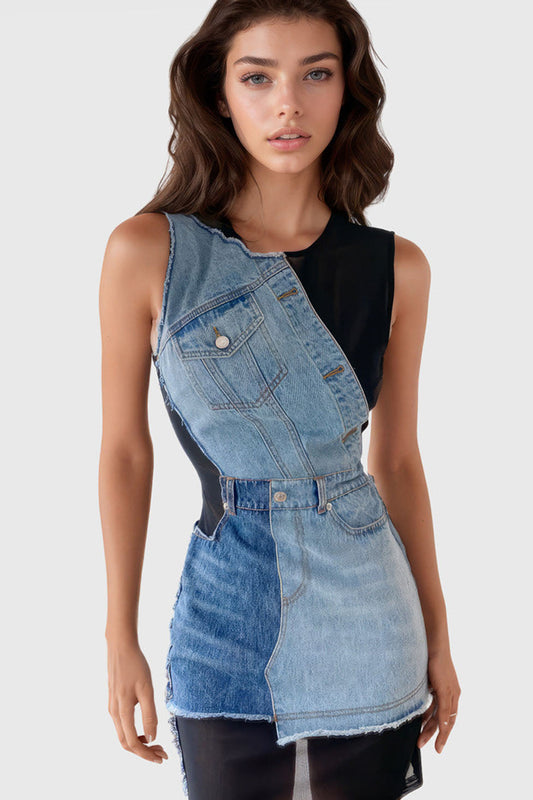 Sagia Sleeveless Patchwork Denim Dress