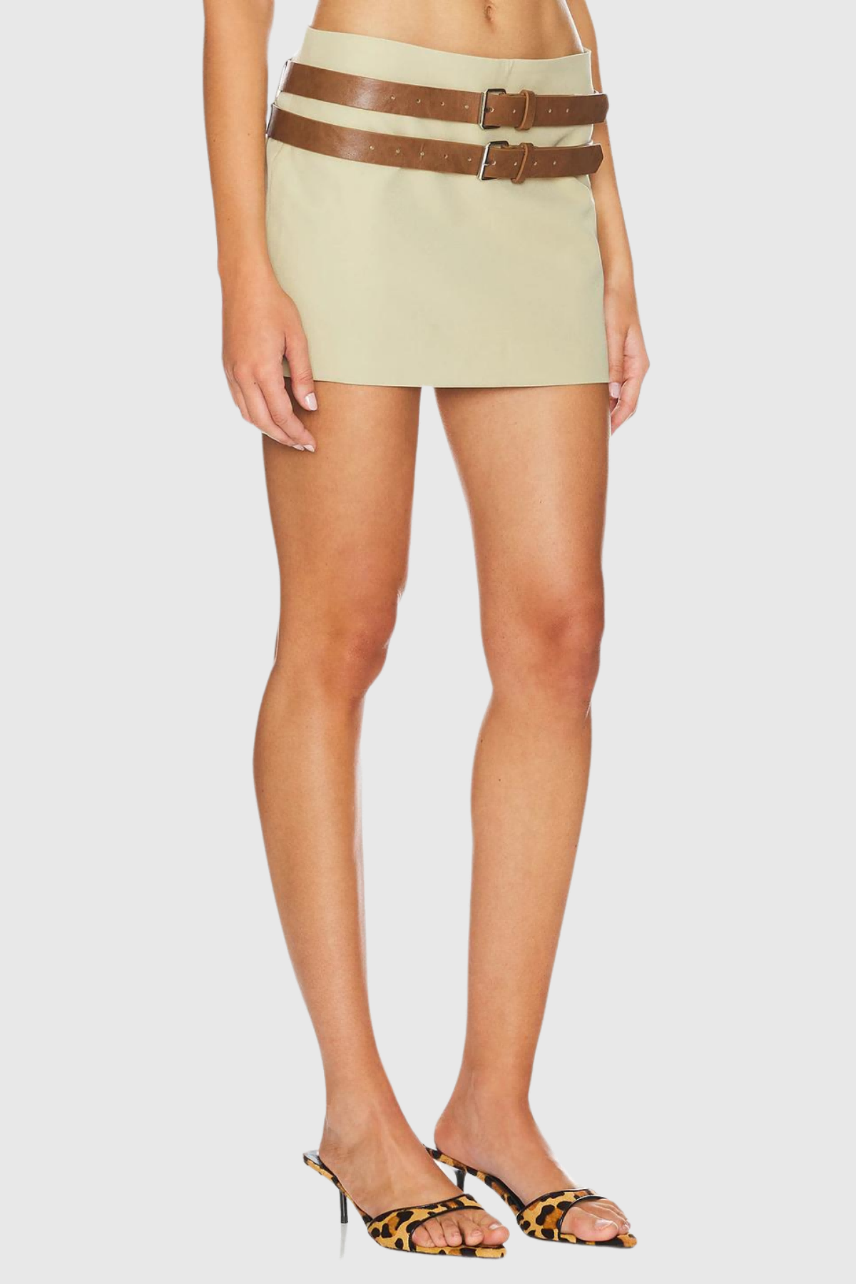 Omaira Buckle Embellished Bodycon Mini Skirt In Khaki