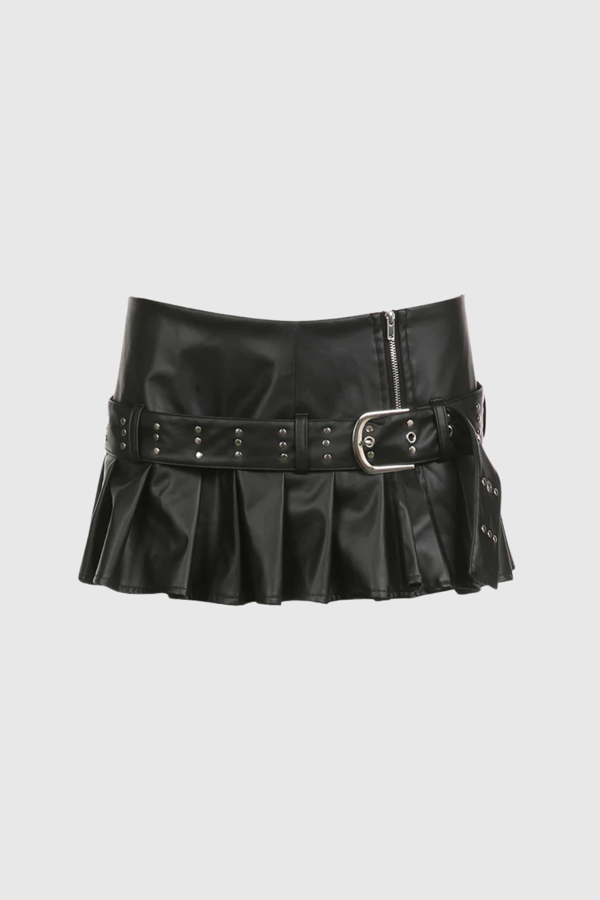 Afroditi Buckle Ruffle Split Short Leather Skirt