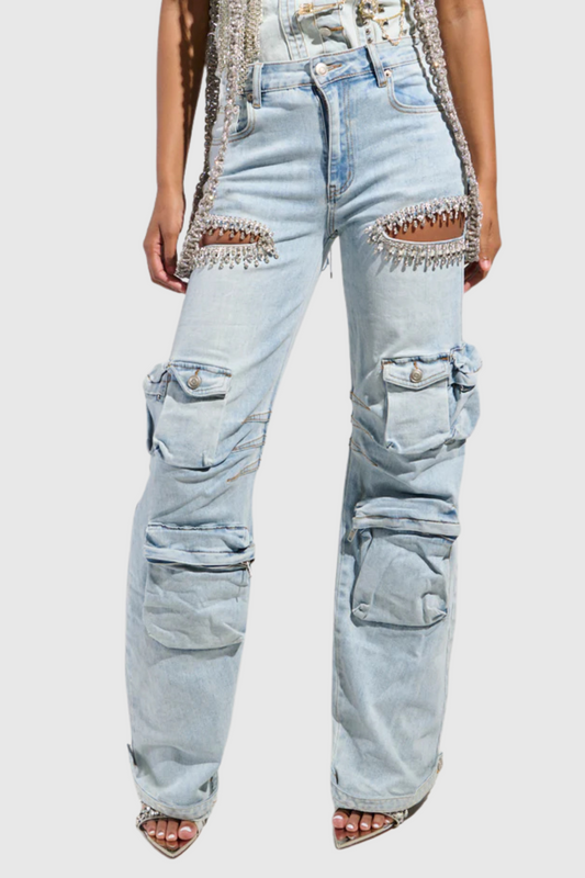Abcde Diamond Cutout Cargo Jeans In Blue