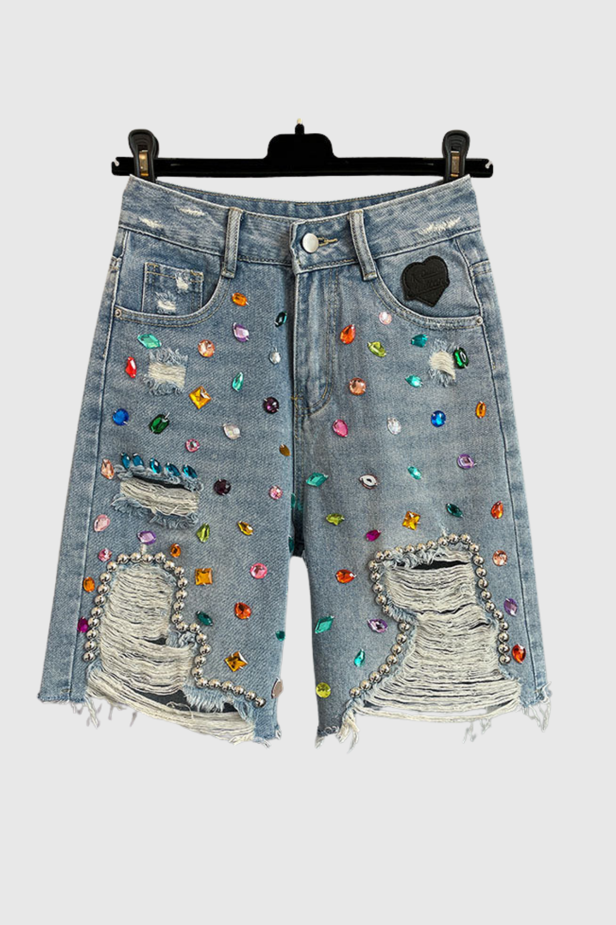 Hiroshi Rhinestone Embellished Torn Short Jeans