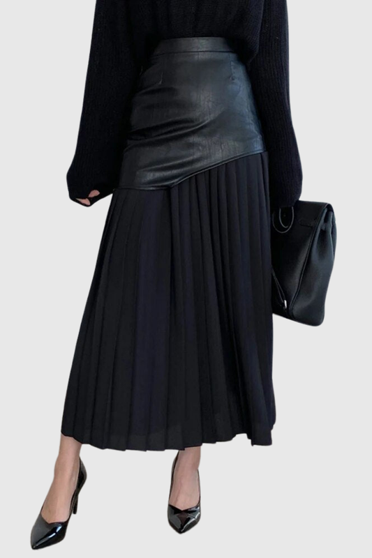 Ethel Leather Patchwork Mesh Midi Skirt In Black