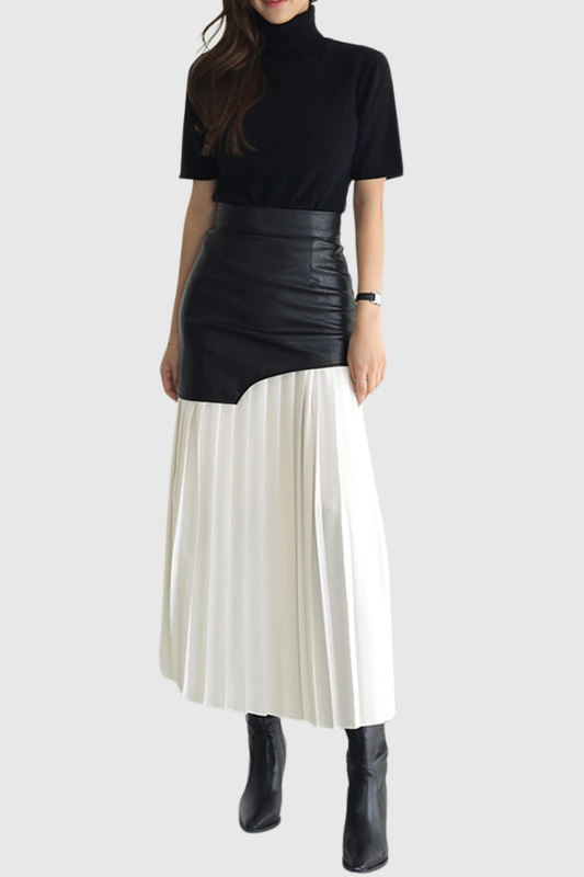 Ethel Leather Patchwork Mesh Midi Skirt In White