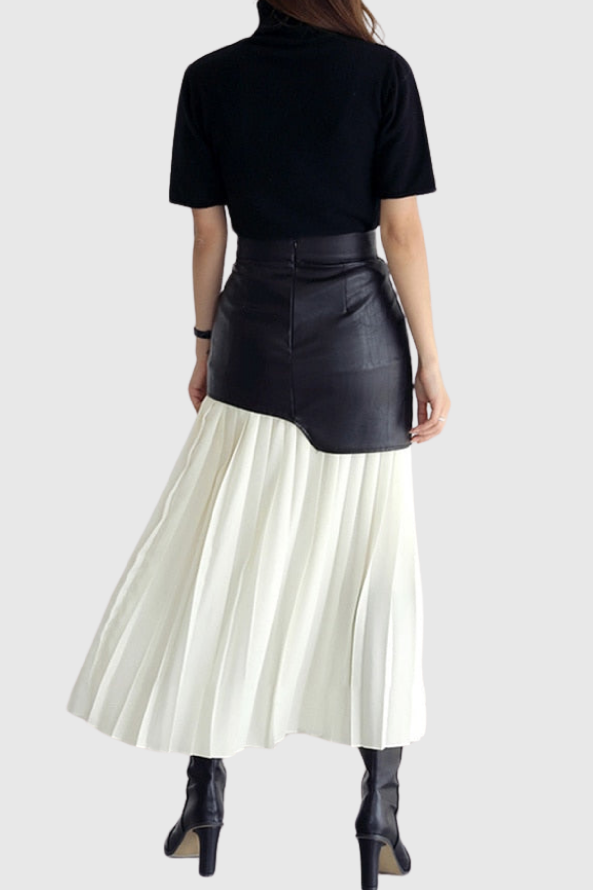 Ethel Leather Patchwork Mesh Midi Skirt In White