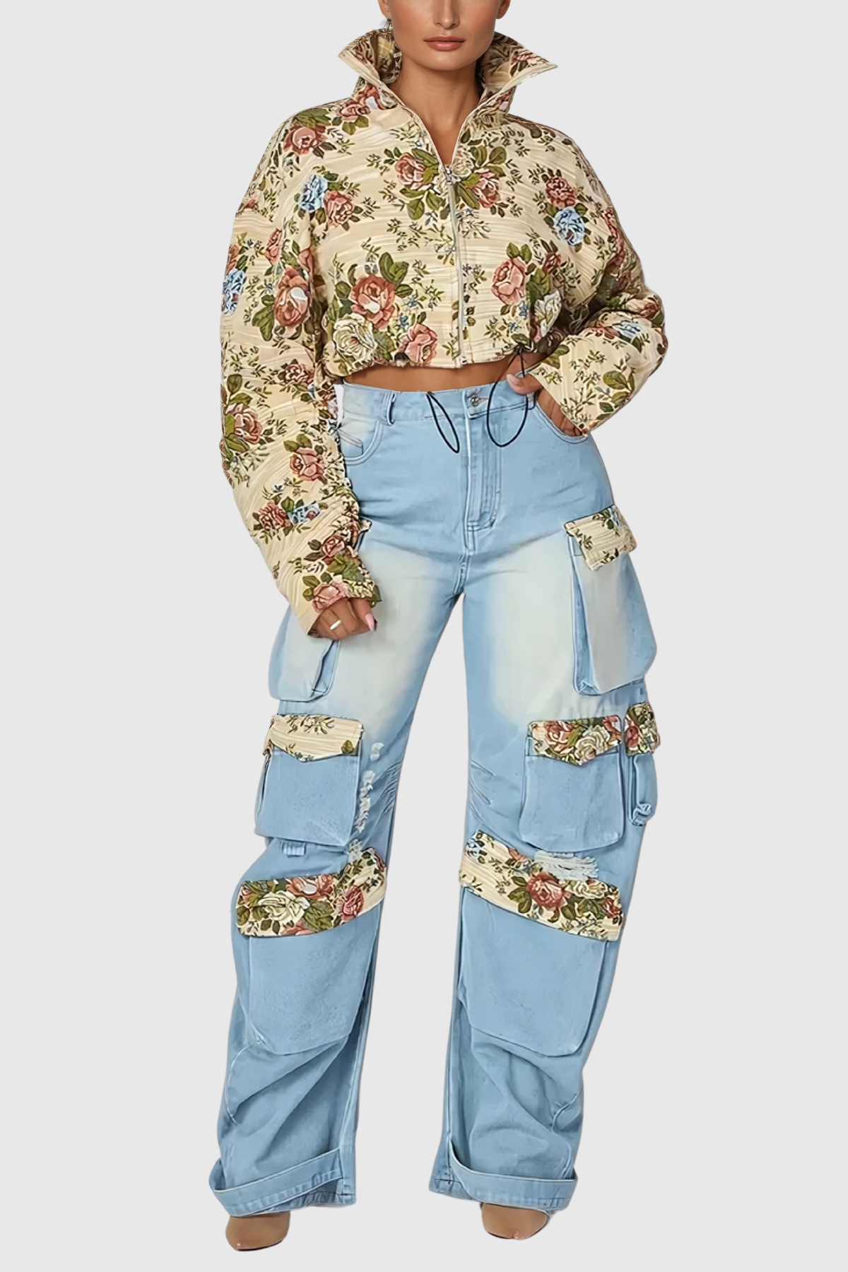 Amadika Floral Drawstring Denim Pants Set