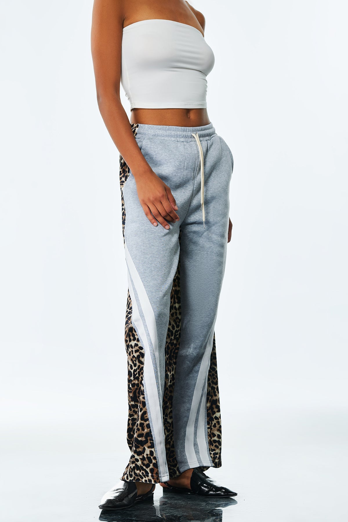 Amandla Deconstruct Stripe Leopard Pants In Grey
