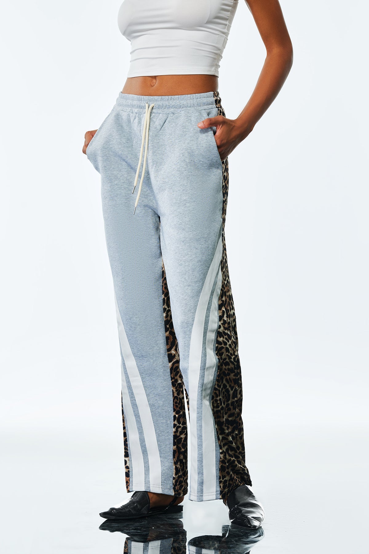 Amandla Deconstruct Stripe Leopard Pants In Grey