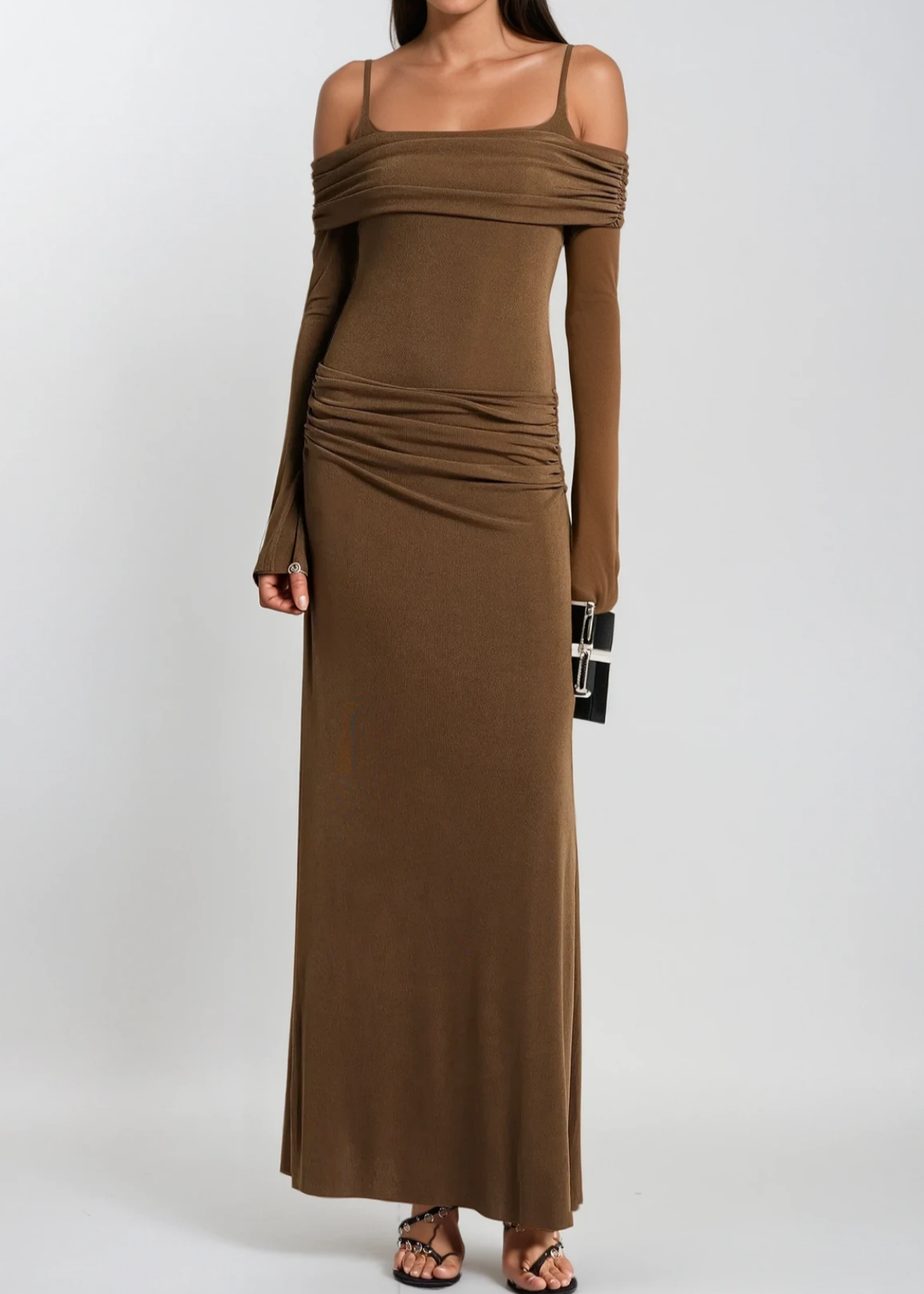 Annmarie Off Shoulder Ruch Maxi Dress In Brown
