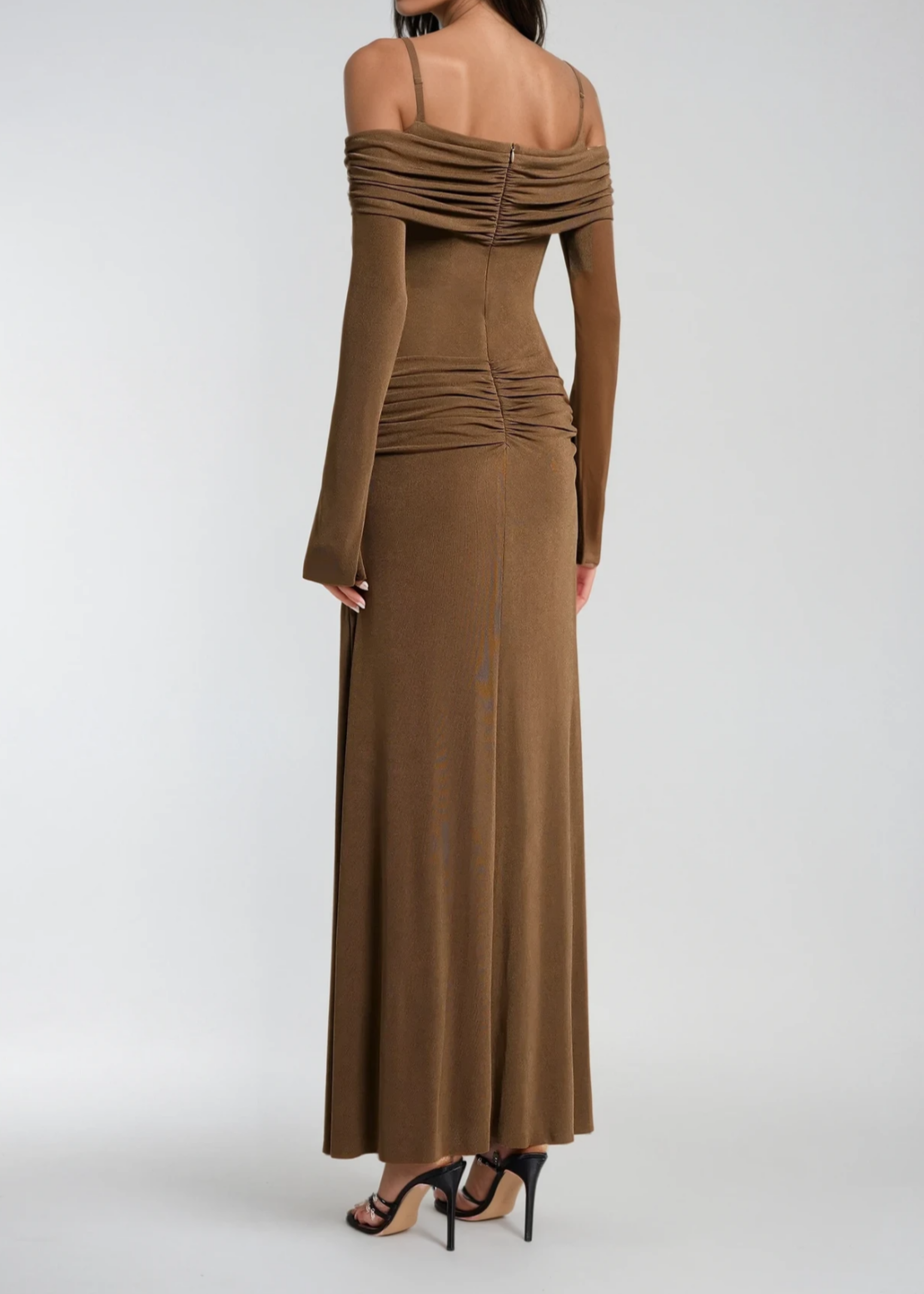 Annmarie Off Shoulder Ruch Maxi Dress In Brown