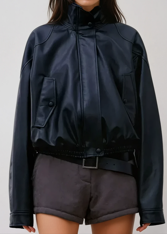 Antonio Stand Collar Leather Jacket In Black