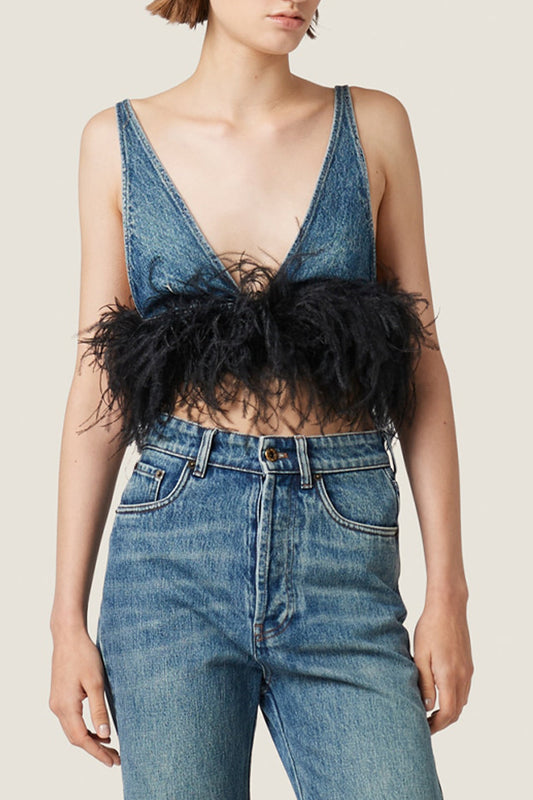 Coral Feather Embellished Denim Top