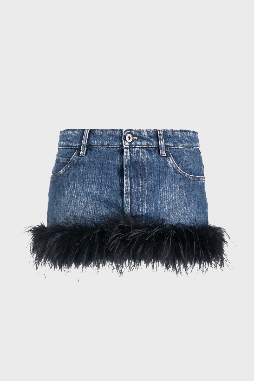 Lizew Feather Trim Denim Skirt