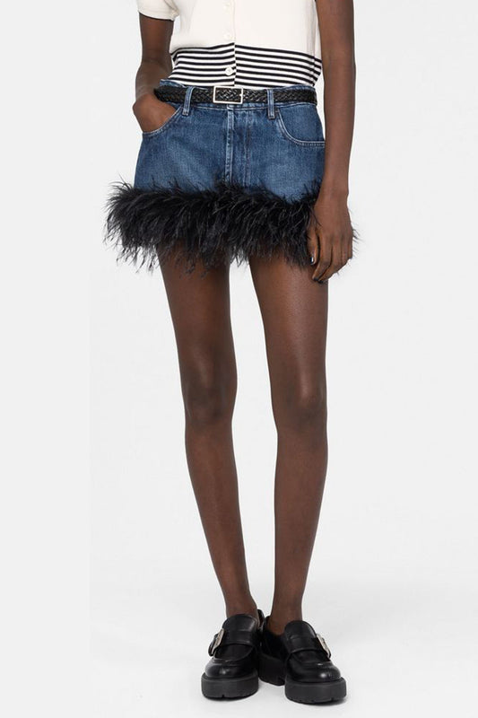 Lizew Feather Trim Denim Skirt