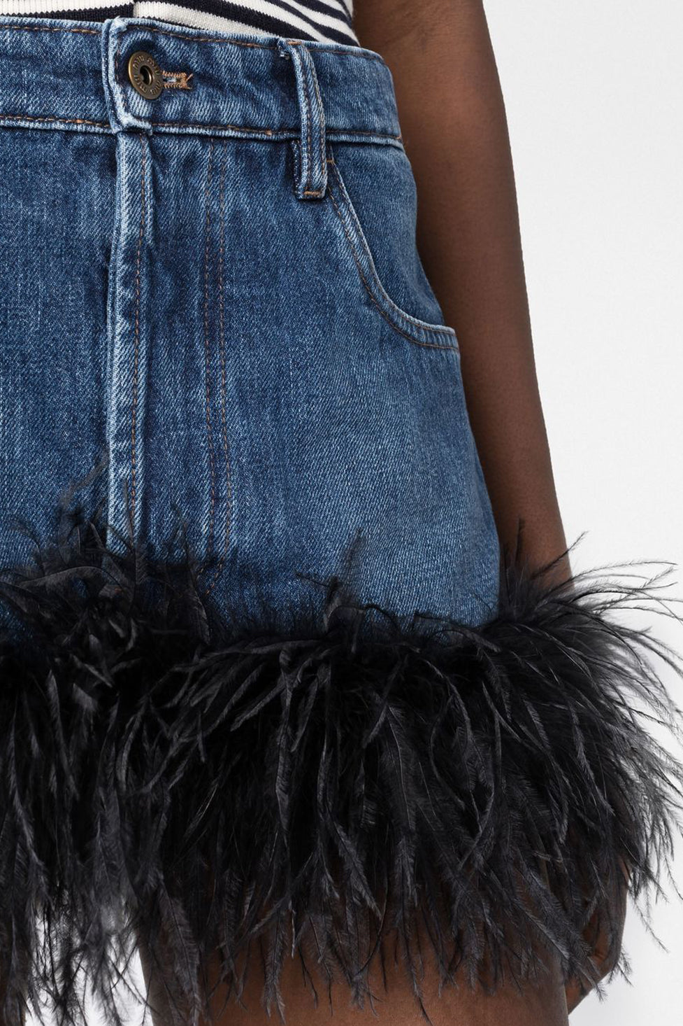 Lizew Feather Trim Denim Skirt