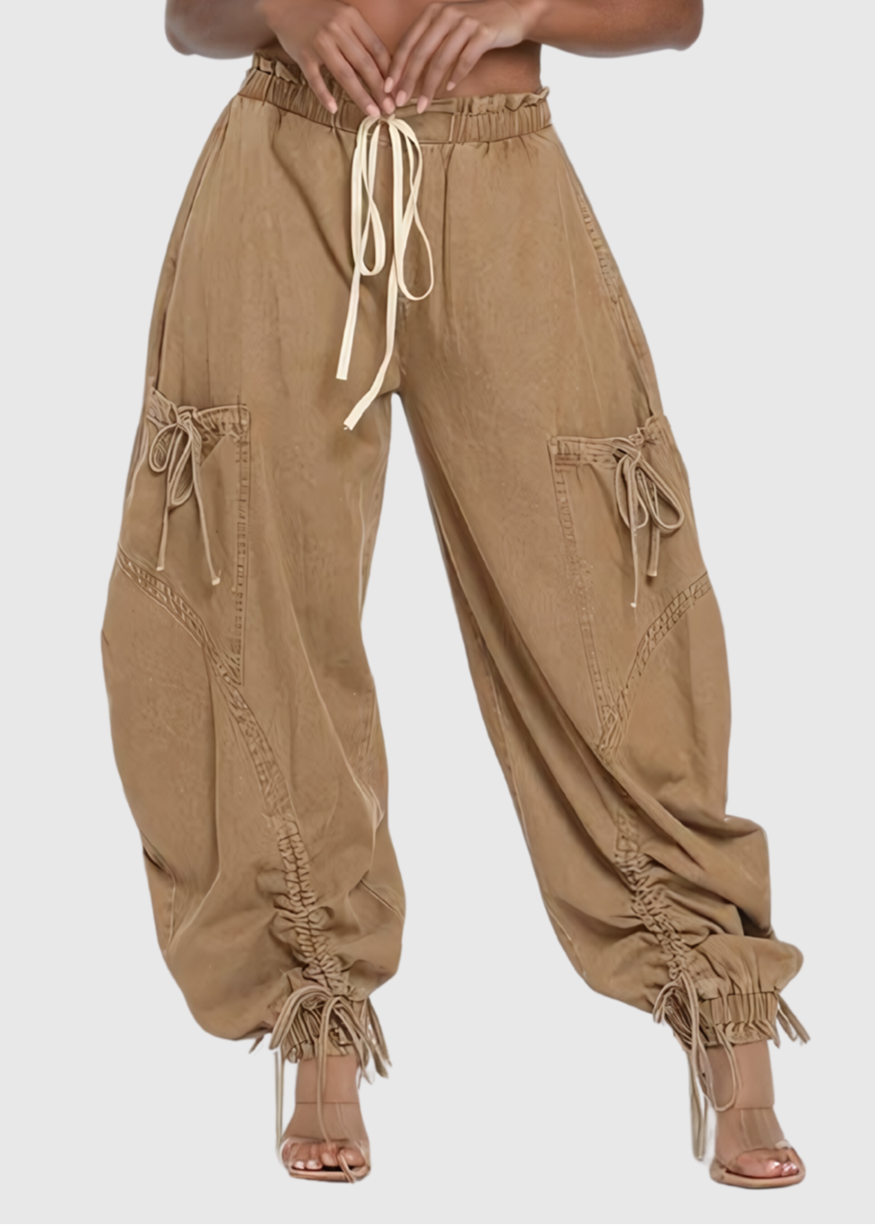 Adria Drawstring Lace Up Jeans In Khaki