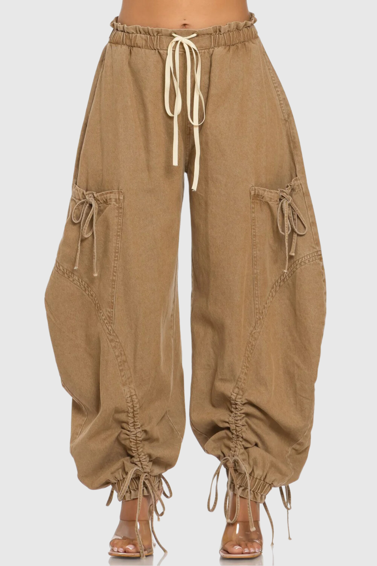 Adria Drawstring Lace Up Jeans In Khaki