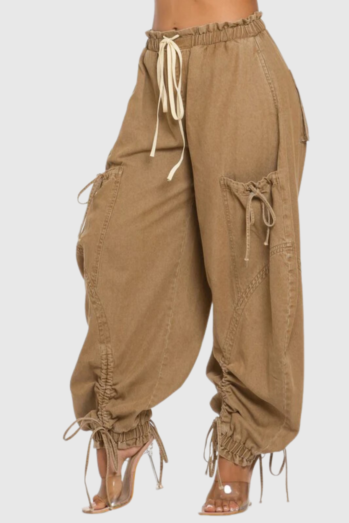 Adria Drawstring Lace Up Jeans In Khaki