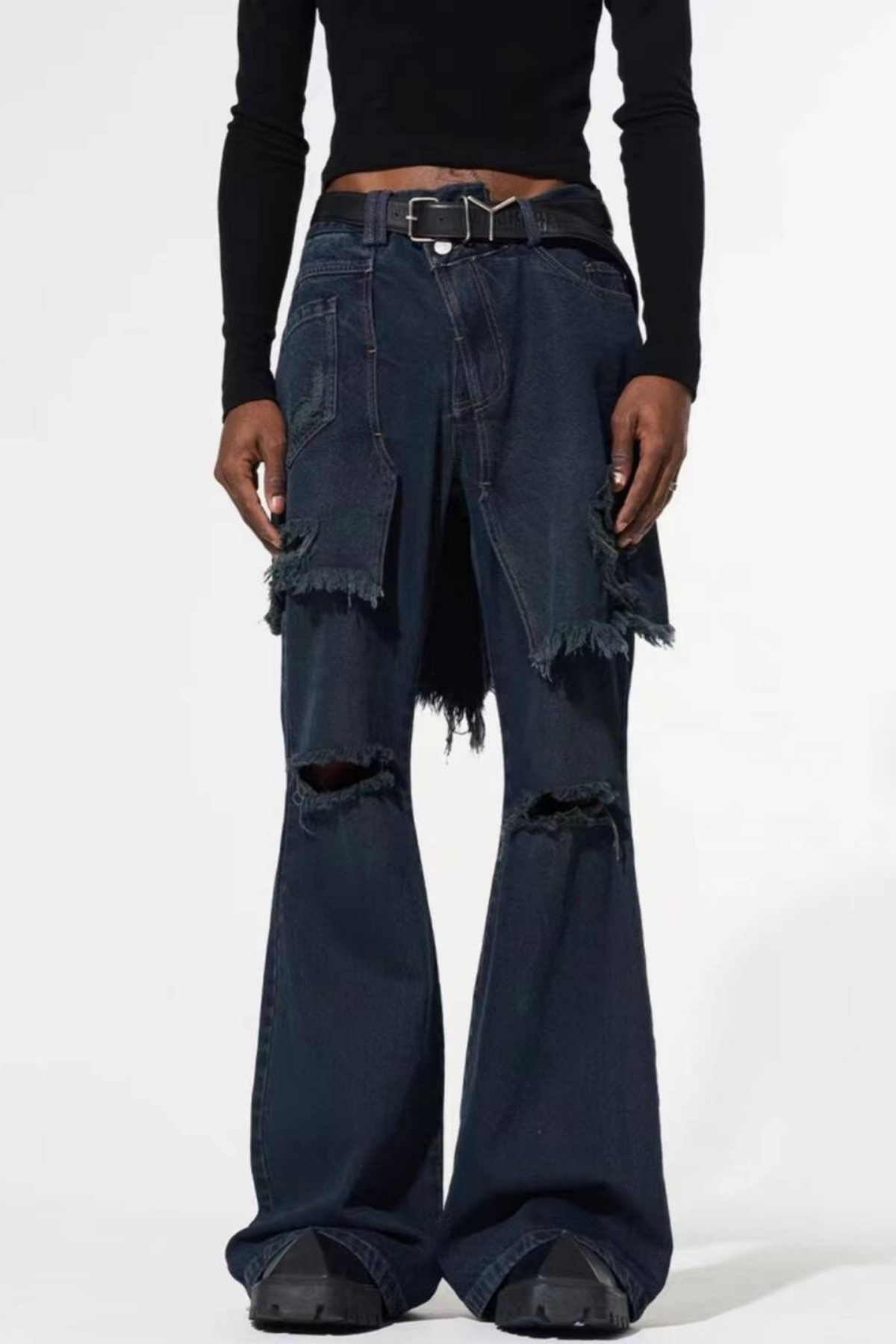 Pietro Hollow Torn Fringe Patchwork  Jeans