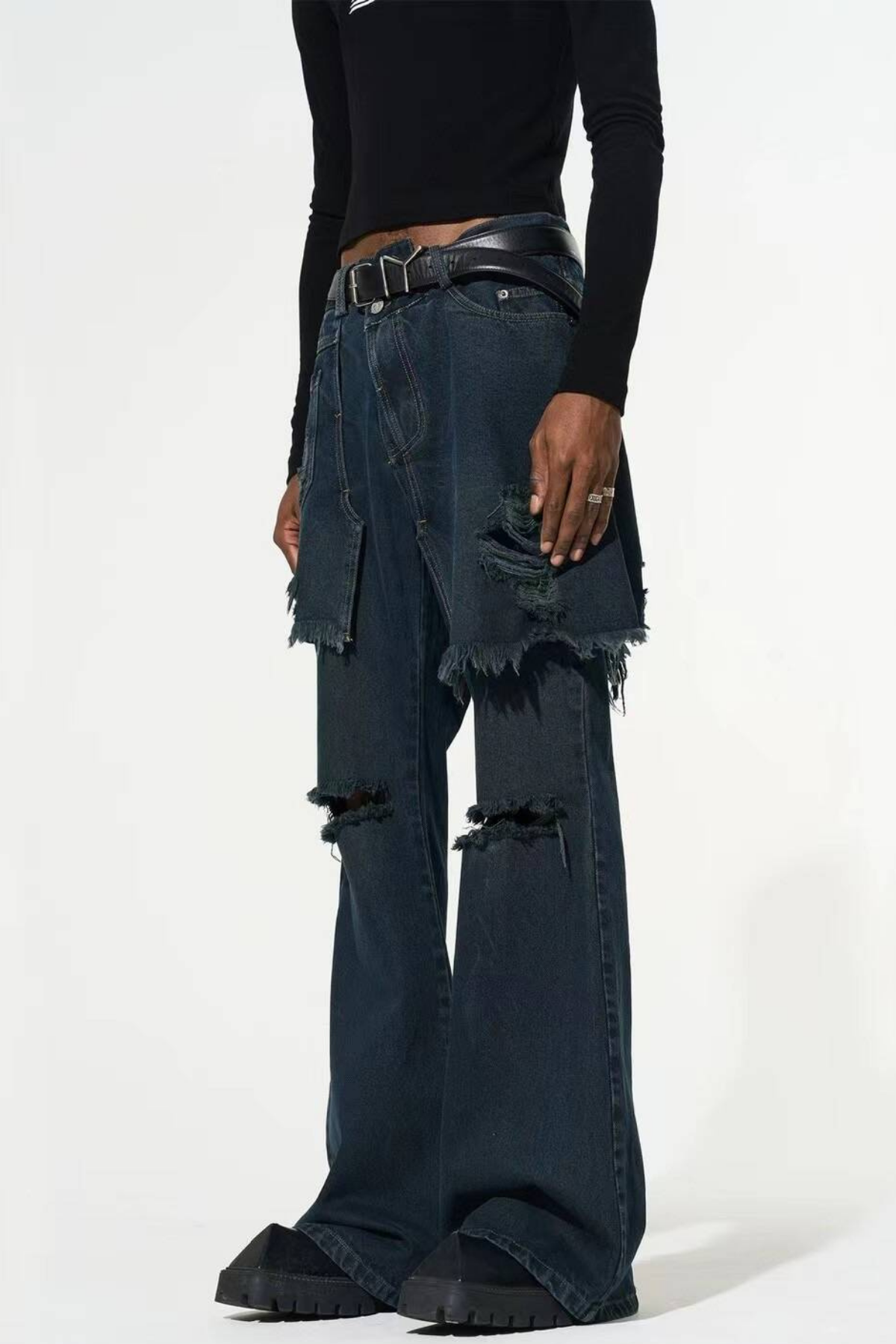 Pietro Hollow Torn Fringe Patchwork  Jeans