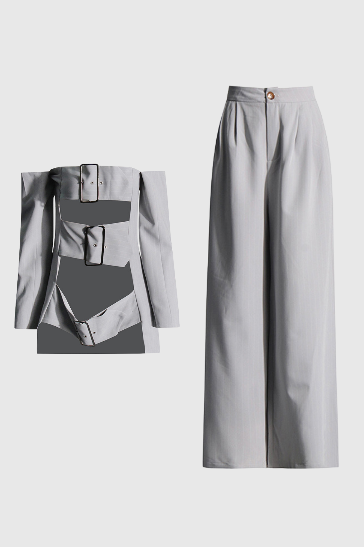 Baback Buckle Cutout Off Shoulder Pants Set