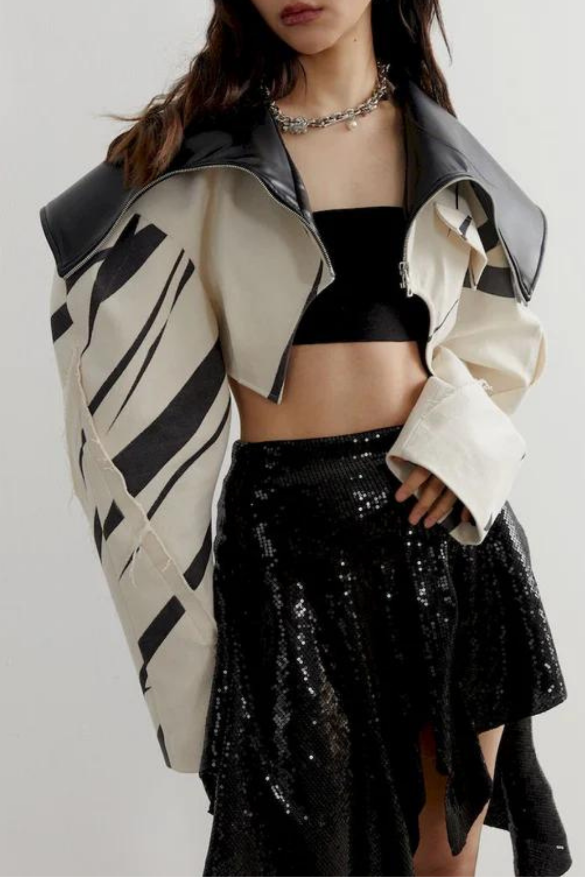 Jahmir Leather Patchwork Stripe Short Jacket