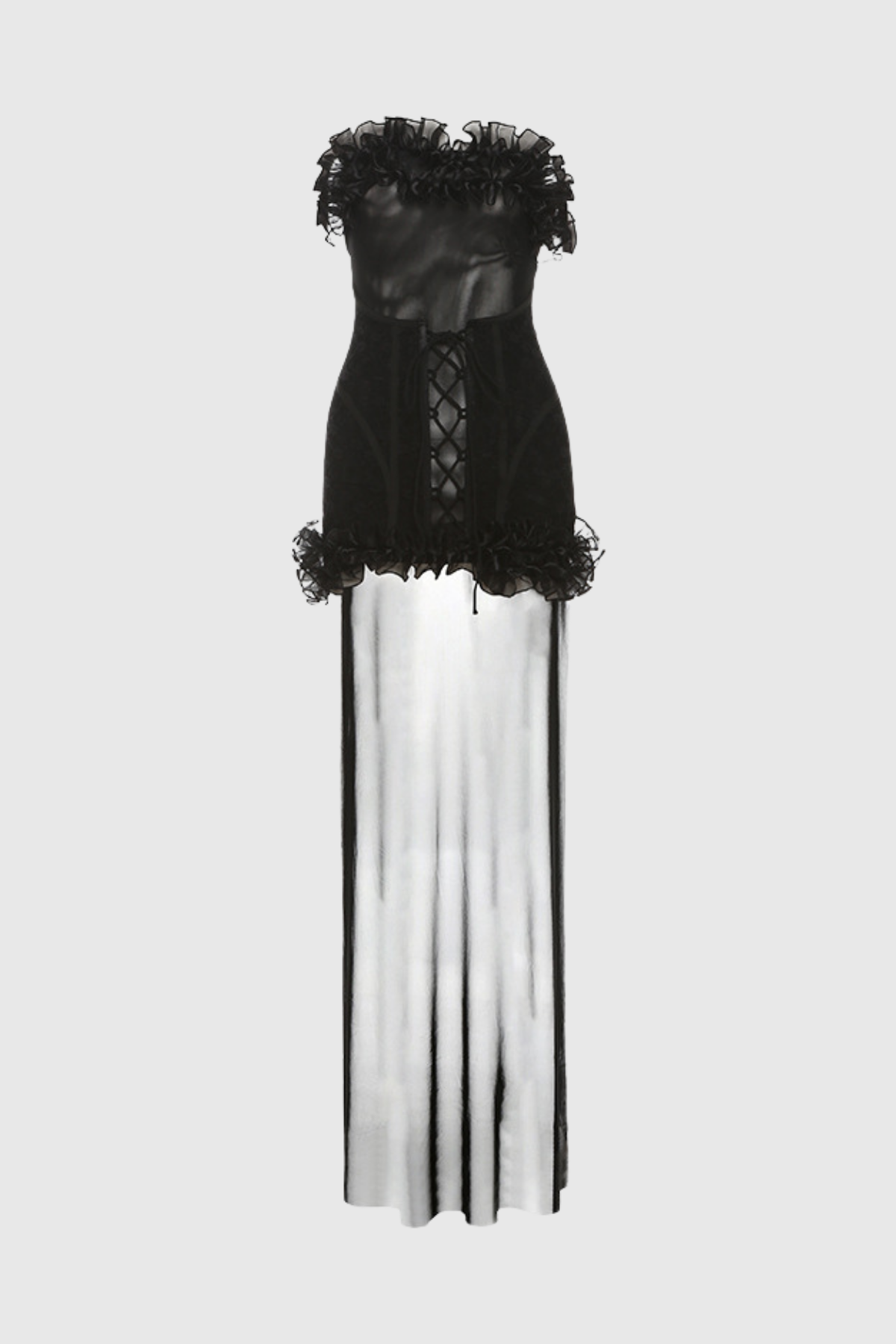 Bell Mesh Ruffle Lace Up Asymmetric Mini Dress