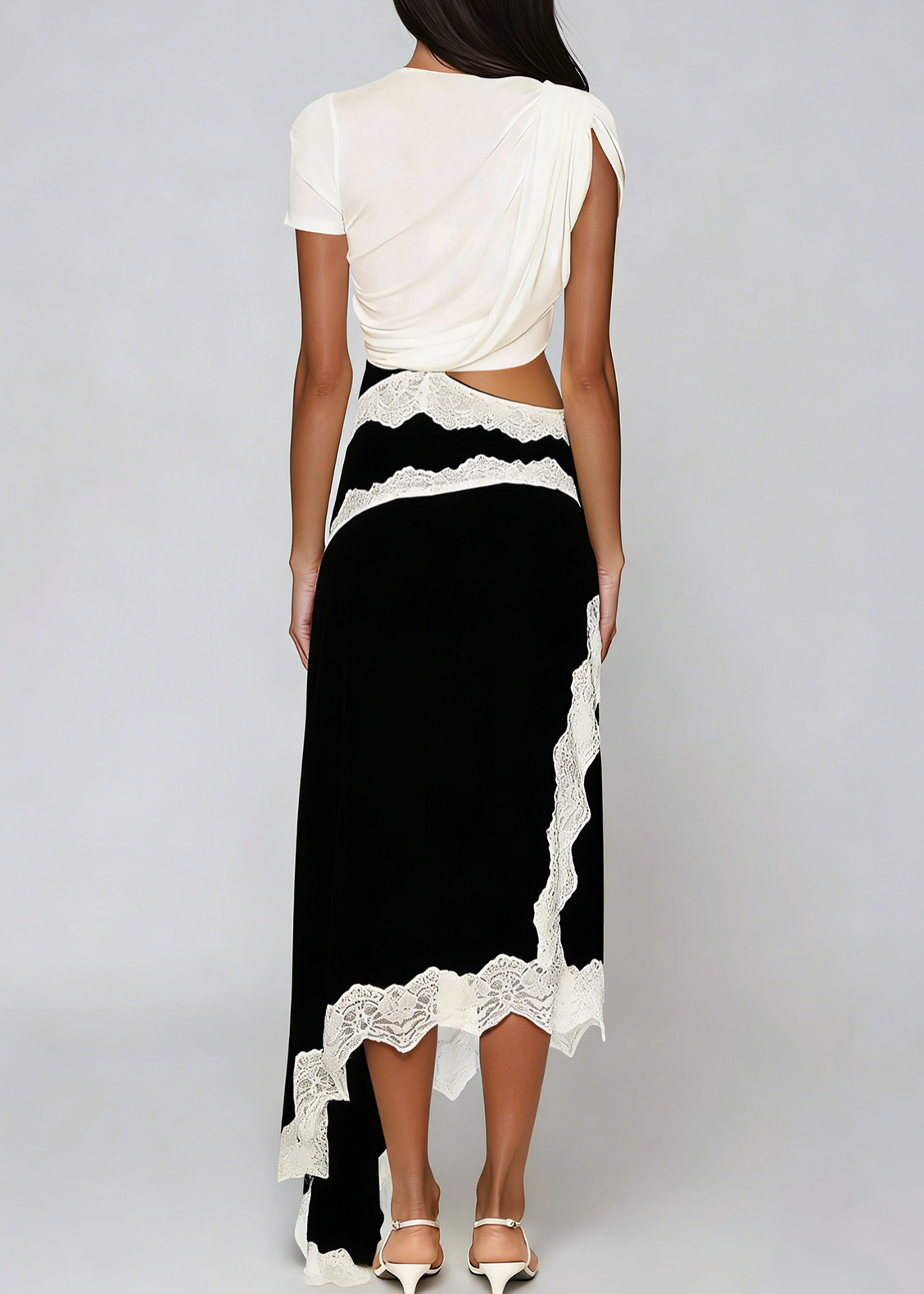 Fionnghuala Asymmetric Lace Satin Maxi Dress In Black