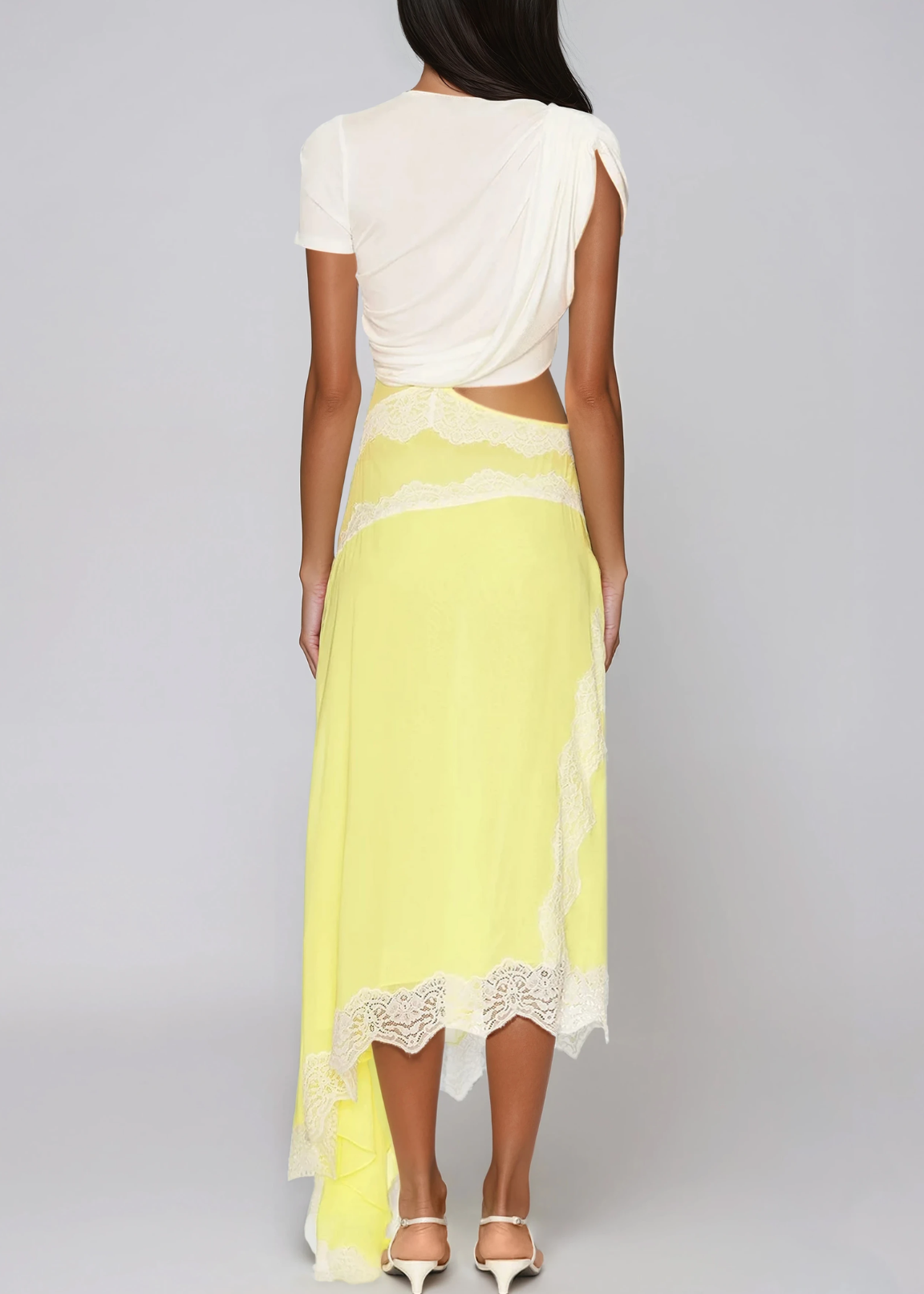 Fionnghuala Asymmetric Lace Satin Maxi Dress In Yellow