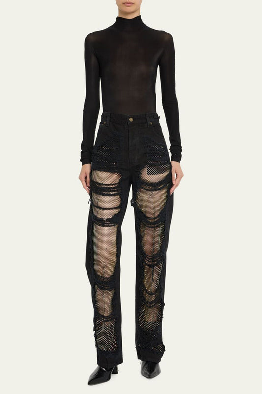 Denise Mesh Straight Jeans In Black