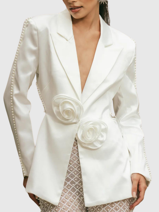 Nairi Flower Hollow Pearl Embellished Blazer